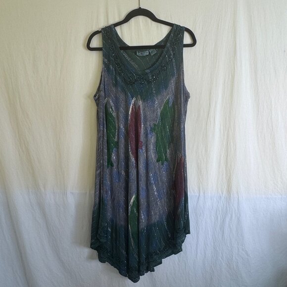 Just Cruising Boho Dress Free Size 1X-3X Green with Sequence & Metallic Thread - Picture 1 of 11